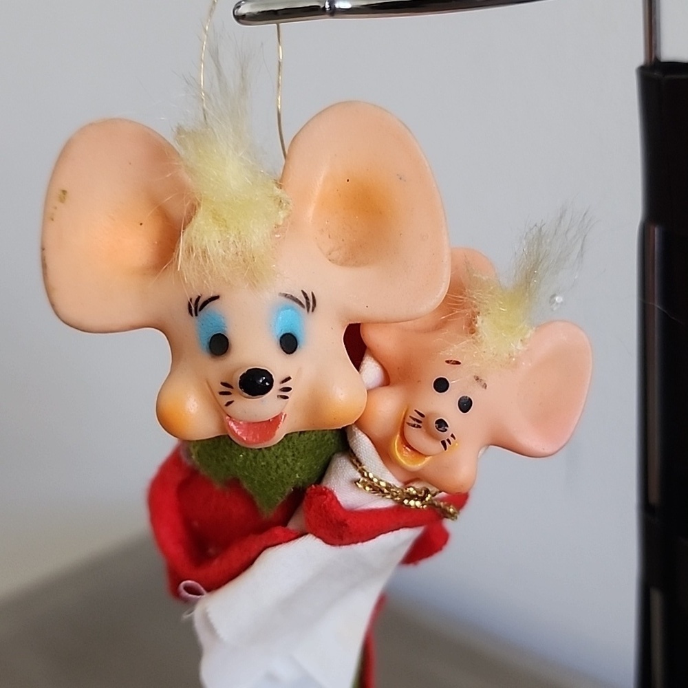 Vtg Kitsch Christmas Mice Hanging Ornament MidCentury Japan Red & Green Felt Elf - Picture 2 of 5